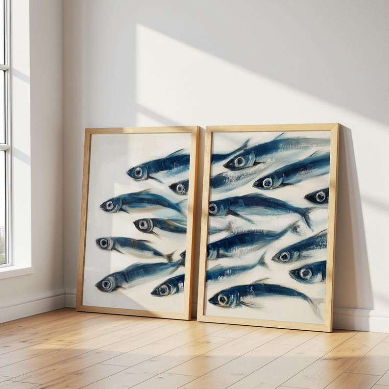 Sardines Print Set - Blue Fish Painting Duo - Sardine Poster - Beach House Nautical Decor - Coastal Wall Art - Retro Mediterranean Poster coastal wall art
nautical decor
beach house art
watercolor fish
ocean wall art
beach decor
coastal decor
fish illustration
sardines print
sardines set of 2
retro fish poster
mid century modern
fisherman aesthetic