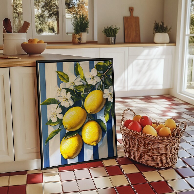 add a touch of nature to your kitchen with citrus... Lemon Kitchen Wall Art Printable | Blue Stripe Citrus Fruit Print ...