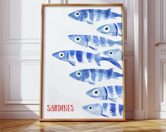 Sardine Painting - Blue Watercolor Fish Print for Coastal Decor - Nautical Beach House Artwork - Mediterranean Food Print - Last Minute Gift