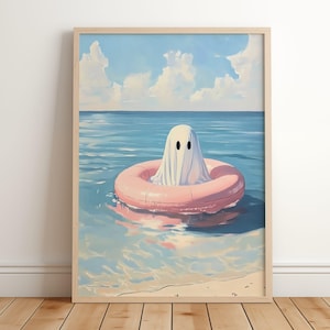 Summerween Decor, Ghost Beach Print, Summer Halloween Wall Art, Ghost in Inner Tube Ocean Painting, Spooky Coastal Decor, Trendy Halloween