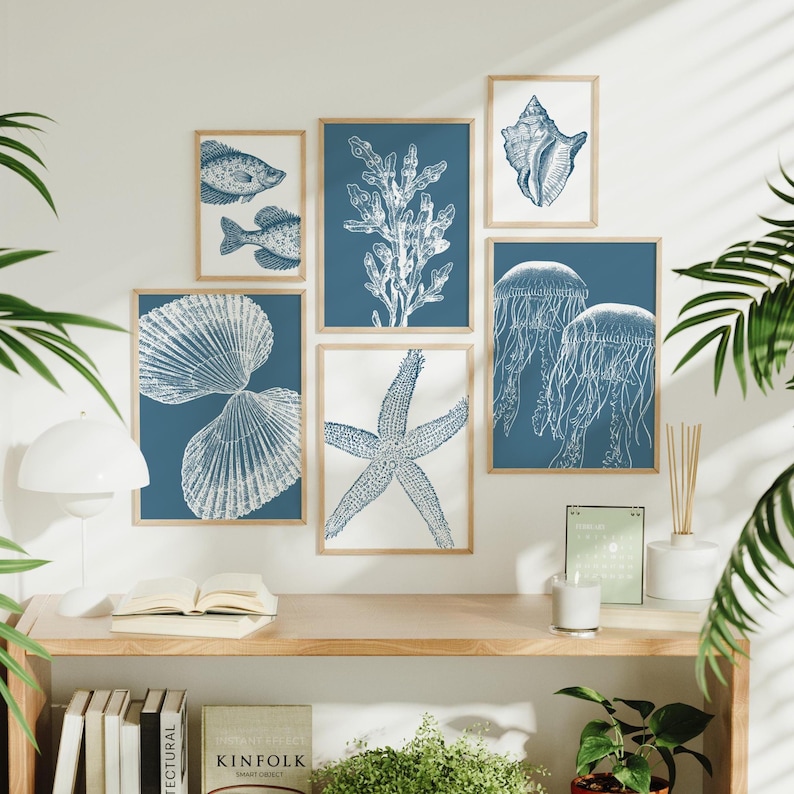 Coastal Wall Art Set - Blue Sea Shell Prints - Boho Beach House Decor ...