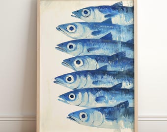 Impresión de sardinas - Arte mural retro de sardinas - Impresión de peces azules - Arte de cocina colorido - Impresión maximalista mediterránea