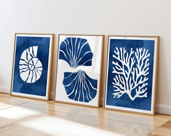 Coastal Print Set: Sea Shell, Coral, Nautical Wall Art (Digital Download), Midcentury Modern Prints, Blue Coastal Bathroom Wall Art