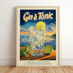 Gin & Tonic Art Print | Retro Cocktail Print | Dekoracja wózka barowego | Plakat z przepisem na Gin Tonic | Plakat z plażowym drinkiem | Modna sztuka ścienna do wydrukowania