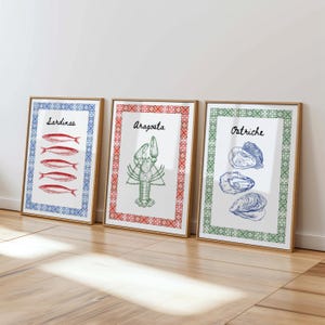 Italian Coastal Kitchen Prints: Sardines, Lobster, Oysters (Digital Download)