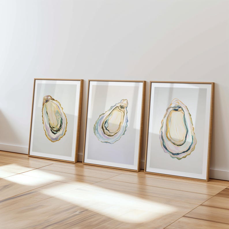 Oyster Shell Wall Art Set, Coastal Prints, Pastel Watercolor Oyster Shells, Modern Elegant Beach House Decor, Neutral Nautical Printable beach house art minimalist art ocean wall decor wall art set of 3 trendy coastal print neutral coastal art oyster shells print pastel oyster shells watercolor oysters modern elegant art marine nautical art oysters triptych bathroom kitchen