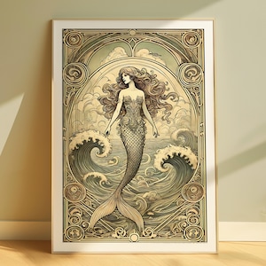 Arte murale con sirena, stile Art Nouveau, decorazioni a tema oceano, pittura di creature marine, decorazioni per soggiorno in stile costiero