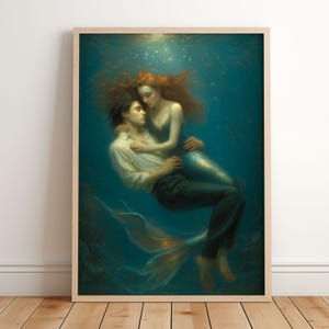 Mermaid Wall Art Printable, Mermaid & Sailor Painting, Dark Academia Decor, Mermaid and Pirate Underwater Poster, Dark Mermaidcore Painting
