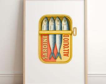 Lámina artística de lata de sardinas - Póster retro de pescado - Pintura de sardinas enlatadas - Póster de cocina de lata de sardinas - Impresión colorida de comida italiana vintage