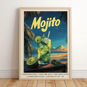 Wydruk artystyczny Mojito | Wydruk koktajlowy w stylu retro | Dekoracja wózka barowego | Plakat z przepisem na Mojito | Plakat z koktajlem plażowym | Modna sztuka ścienna do wydrukowania