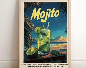 Stampa artistica di Mojito retrò / Poster di cocktail retrò / Decorazione per carrello bar / Poster di ricette di Mojito / Poster di bevande alcoliche