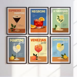 May include: Six framed prints displaying cocktail illustrations, including Espresso Martini, Negroni, and Limoncello Spritz. Each print features a cocktail image, ingredients, and a recipe, perfect for a home bar or kitchen decor.