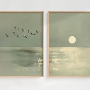 May include: Two framed art prints. One shows a flock of birds flying over water. The other depicts a large, pale yellow sun over water. Both prints have a muted colour palette, creating a natural and serene aesthetic, perfect for home decor.