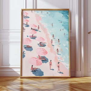 Pink Umbrella Beach Wall Art - Aerial Beach View - Retro Coastal Summer Poster - Preppy Pastel Beach Decor - Ocean Digital Print
