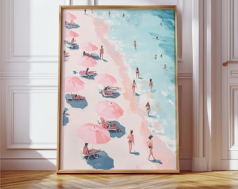 Arte mural playero con sombrilla rosa - Vista aérea de la playa - Póster retro de verano costero - Decoración playera estilo preppy en tonos pastel - Impresión digital oceánica