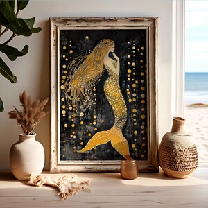Gold Mermaid Wall Art Print, Elegant Ocean Decor, Black and Gold Coastal Home Decor, Glam Underwater Fantasy Art Poster, Boho Chic Gift