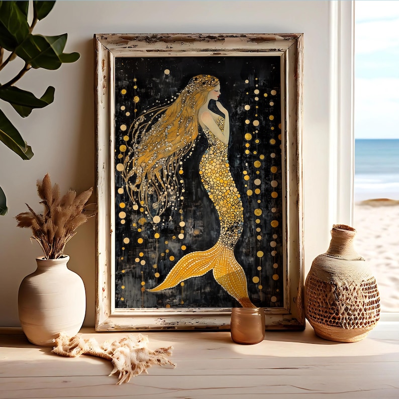 Gold Mermaid Wall Art Print, Elegant Ocean Decor, Black and Gold Coastal Home Decor, Glam Underwater Fantasy Art Poster, Boho Chic Gift