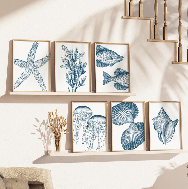 Blue Shell Ptints Coastal Wall Art Set - Blue Sea Shell Prints - Boho Beach House Decor ...