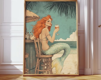Mermaid Bar Wall Art Print: Vintage Nautical Ocean Aesthetic, Tropical Mermaid Cocktail Poster