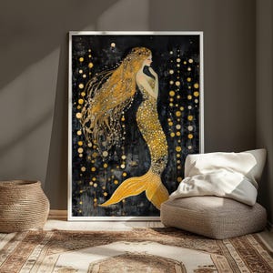 Gold Mermaid Wall Art Print, Vintage Mermaid Art, Elegant Ocean Decor, Black and Gold Coastal Home Decor, Fantasy Art Poster, Boho Chic Gift