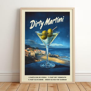 Wydruk artystyczny Dirty Martini | Dekoracja wózka barowego | Plakat z przepisem na Dirty Martini | Plakat z drinkiem plażowym | Wydruk koktajlowy w stylu retro | Wydrukowana sztuka ścienna
