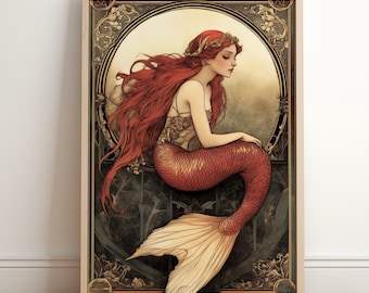 Meerjungfrau Print | Jugendstil Sirene | Ocean Themen Dekor | Meeresbewohner Gemälde