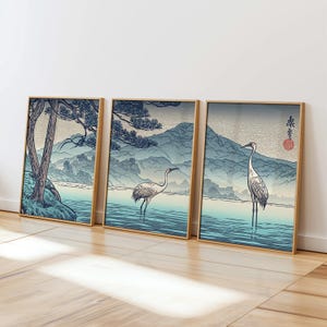Conjunto de arte mural de paisaje japonés: impresiones de grullas y pinos, arte mural japandi, trío de pósteres zen asiáticos, tríptico de grullas