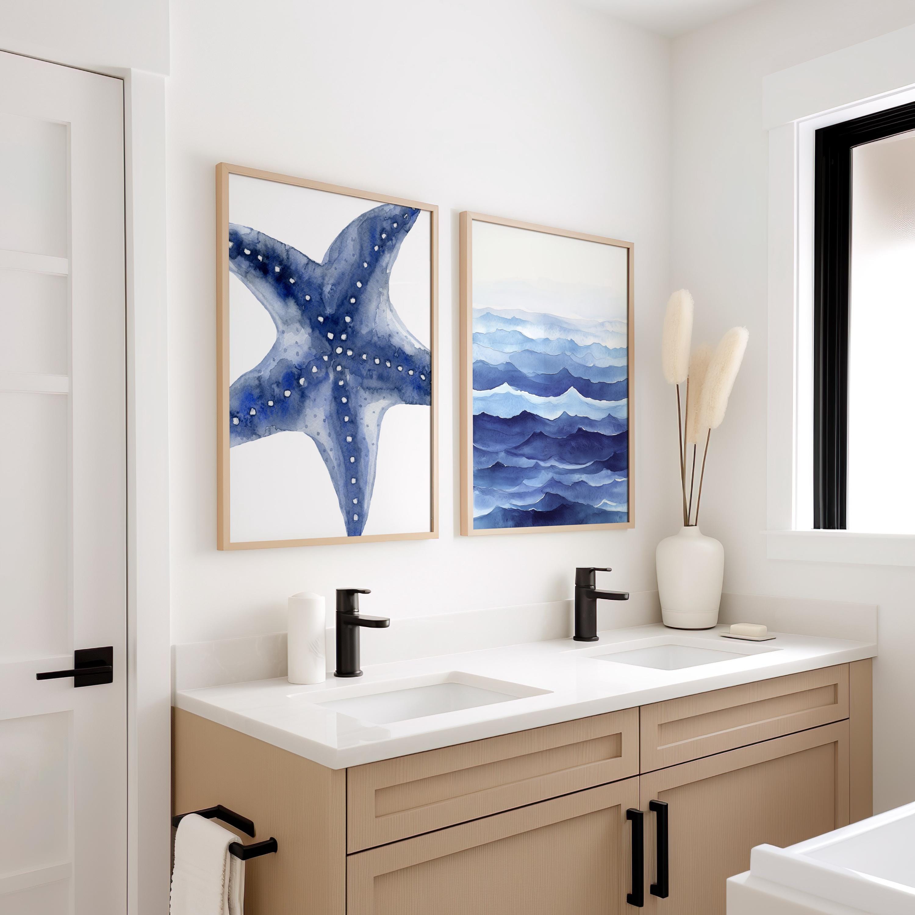 Coastal Wall Art Set of 3 - Blue Ocean Watercolor Prints - Seaweed ...