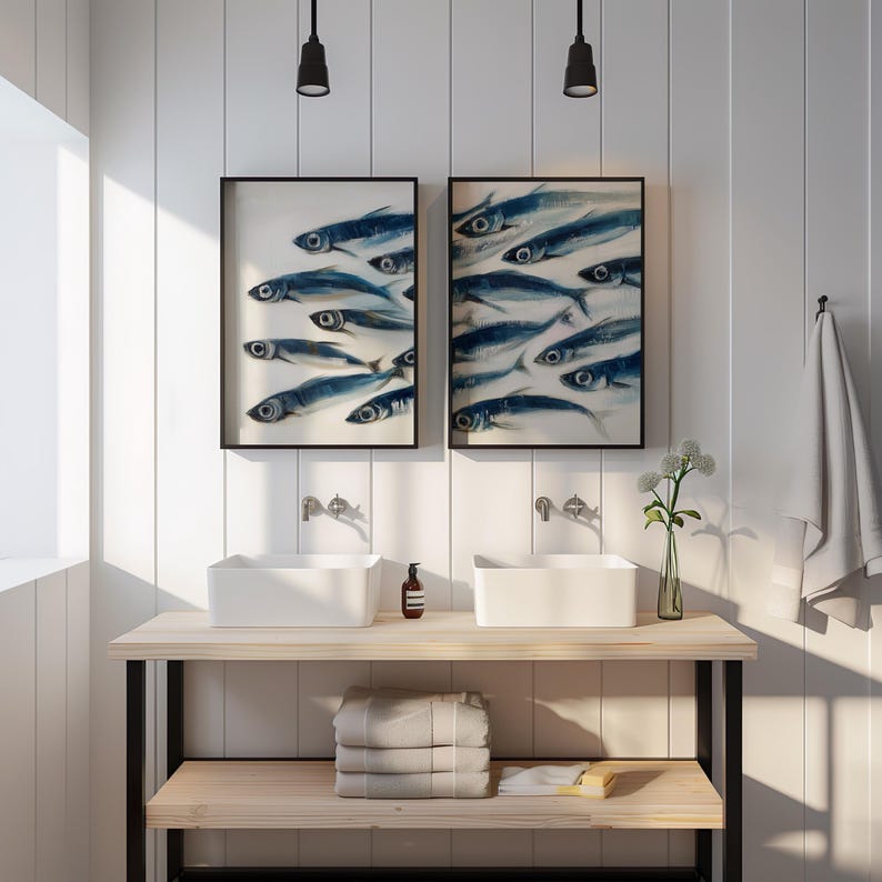 Sardines Print Set - Blue Fish Painting Duo - Sardine Poster - Beach House Nautical Decor - Coastal Wall Art - Retro Mediterranean Poster coastal wall art
nautical decor
beach house art
watercolor fish
ocean wall art
beach decor
coastal decor
fish illustration
sardines print
sardines set of 2
retro fish poster
mid century modern
fisherman aesthetic