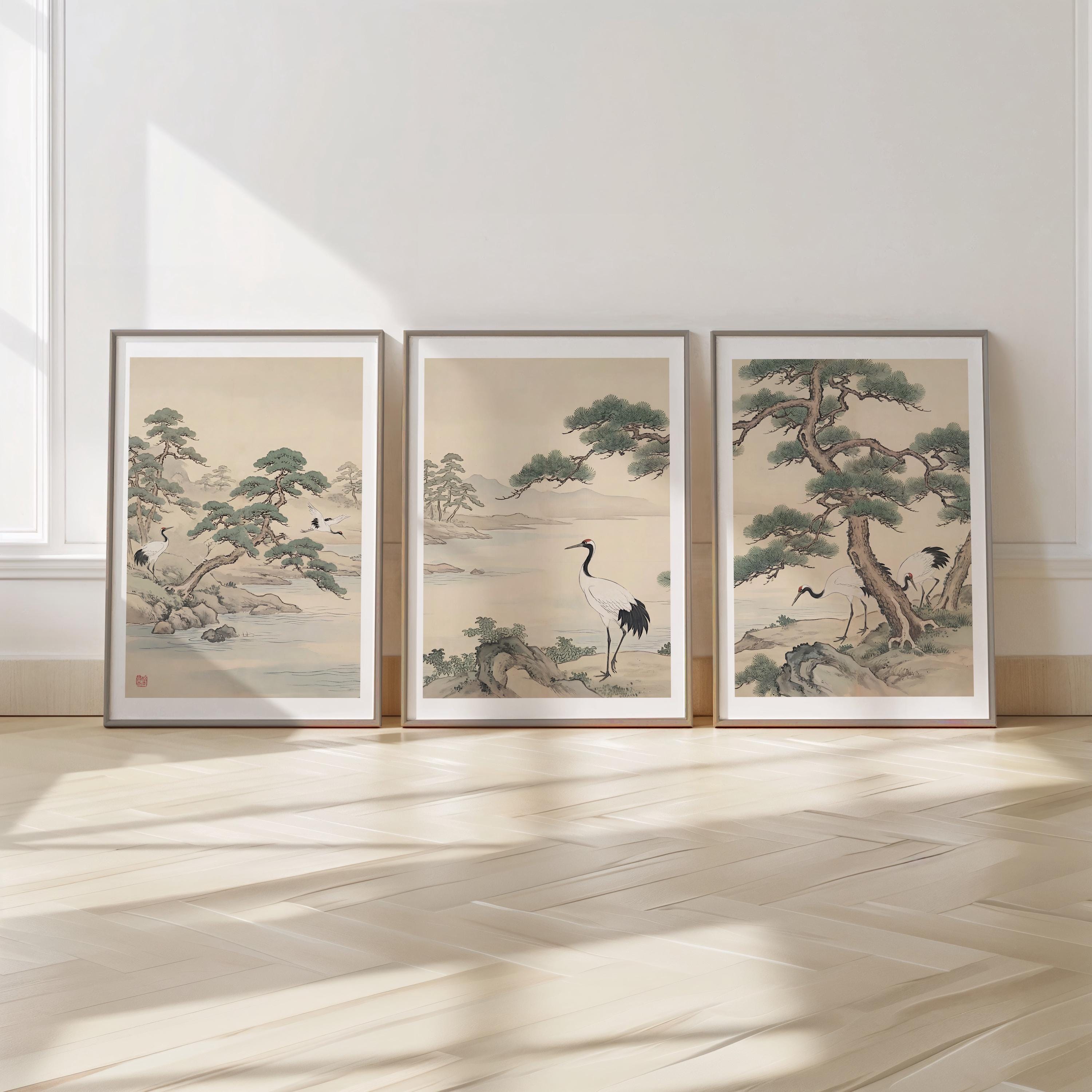 Japanese Landscape Wall Art Set - Cranes and Pine Trees Prints ...