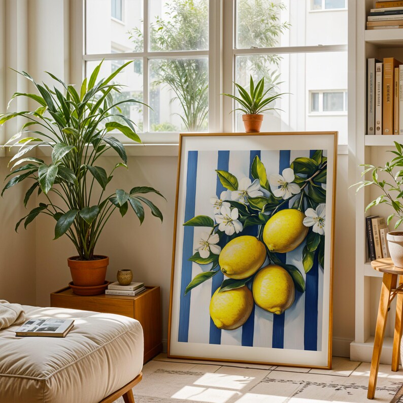 add a touch of nature to your kitchen with citrus... Lemon Kitchen Wall Art Printable | Blue Stripe Citrus Fruit Print ...