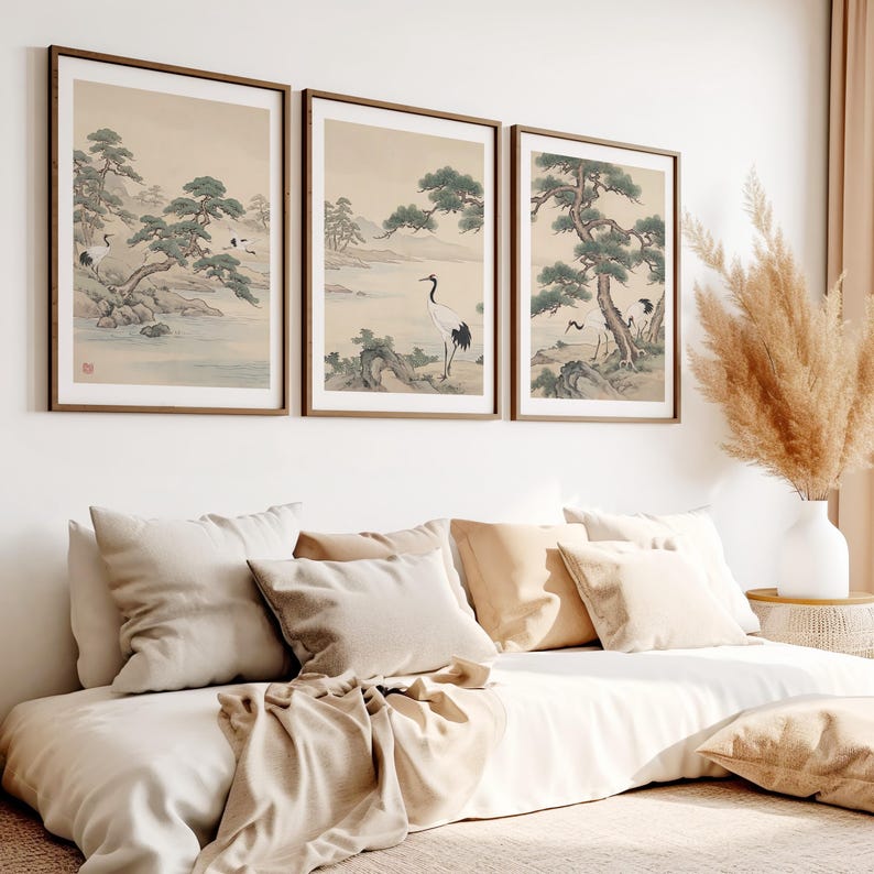Japanese Landscape Wall Art Set - Cranes and Pine Trees Prints ...