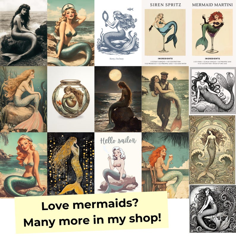 Vintage Mermaid Cocktail Wall Art - Mermaid Martini and Siren Spritz Poster Set of 2 - Retro Bar Decor for Coastal & Nautical Home Style mermaid recipe art
cocktail wall art
vintage bar print
coastal decor print
martini recipe art
digital bar decor
mermaid wall art
home bar printable
coastal kitchen art
cocktail sign
trendy cocktail art
aperol spritz poster
cocktail poster