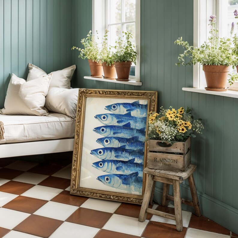 Sardines Print - Sardine Tin Vintage Poster - Retro Sardine Wall Art - Blue Fish Print - Colorful Kitchen Art Maximalist Mediterranean Print  tin fish print
sardine poster
sardines print
vintage food print
colorful kitchen art
diningroom art print
maximalist print
eclectic print
fisherman aesthetic
mediterranean bistro
nautical seafood
blue coastal print
retro fish poster