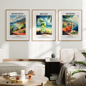 Set of 3 Cocktail Recipe Prints, Retro Bar Cart Decor, Margarita-Mojito-Negroni, Beachy Alcohol Print, Printable Wall Art, Colorful Bar Art