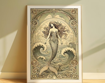 Stampa Art Nouveau con sirena: decorazione murale a tema marino (download digitale)