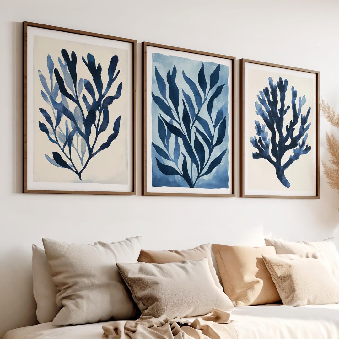 Blue Coral & Seaweed Watercolor Prints - Boho Coastal Wall Art Set of 3 ...