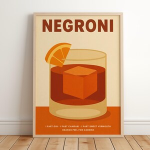 Negroni Art Print | Retro Cocktail Print | Dekoracja wózka barowego | Plakat z przepisem na Negroni | Plakat z plażowym koktajlem | Modna sztuka ścienna do wydrukowania