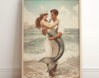 Vintage Meerjungfrau und Seemann Print: Retro Nautische Wand Kunst (Digitaler Download)