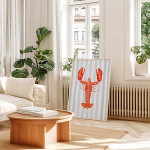 Lobster Print with Blue Stripes - Beach House Decor - Coastal Kitchen Art - Printable Wall Art - Nautical Poster - Fisherman Aesthetic retro wall art
coastal wall decor
beach vibe print
summer digital art
playful wall decor
minimalist beach art
retro summer decor
printable wall art
striped preppy art
querky dormroom
red lobster poster
beachy print lobster
fisherman aesthetic