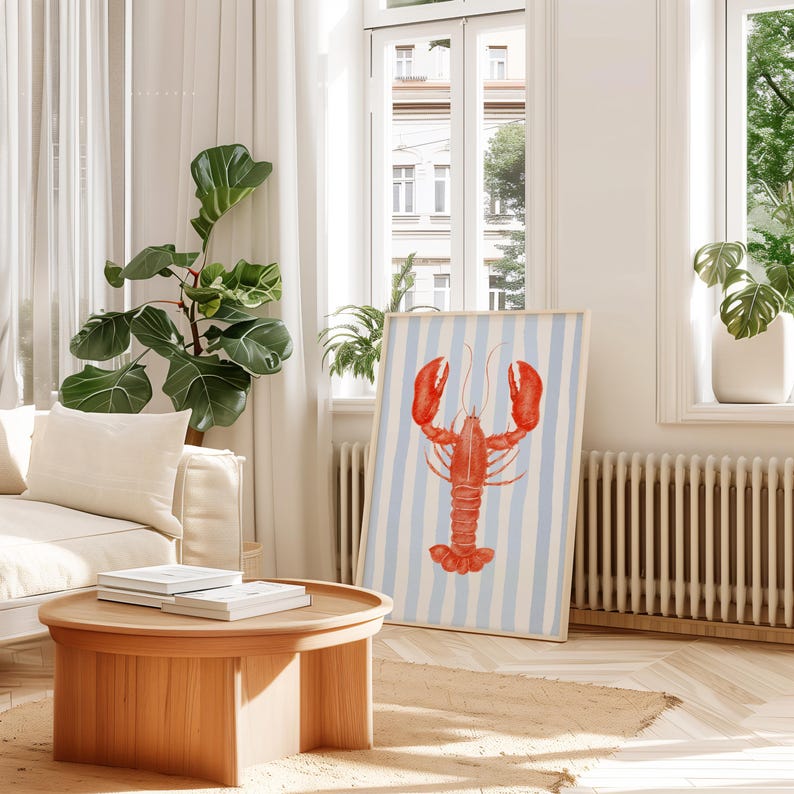 Lobster Print with Blue Stripes - Beach House Decor - Coastal Kitchen Art - Printable Wall Art - Nautical Poster - Fisherman Aesthetic retro wall art
coastal wall decor
beach vibe print
summer digital art
playful wall decor
minimalist beach art
retro summer decor
printable wall art
striped preppy art
querky dormroom
red lobster poster
beachy print lobster
fisherman aesthetic