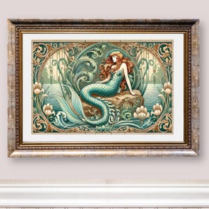 Vintage Meerjungfrau Druck, Jugendstil, druckbare digitale Wandkunst, Küstendekor, mystischer Unterwasser-Fantasydruck, Boho Strandhaus