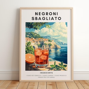 Negroni Art Print | Bar Cart Decor | Negroni Sbagliato Recipe Poster | Beachy Cocktail Drink Poster | Retro Cocktail Print, Trendy Printable