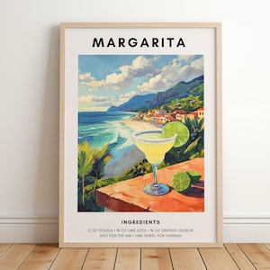 Wydruk artystyczny Margarity | Dekoracja wózka barowego | Plakat z przepisem na Margaritę | Plakat z drinkiem plażowym | Wydruk z koktajlem retro | Modna sztuka ścienna do wydrukowania