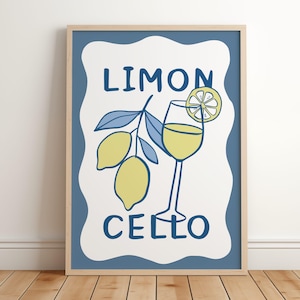 Lámina de Limoncello para pared – Decoración de cocina italiana – Póster de cóctel de limón – Ilustración de bebida de verano en azul y amarillo – Arte de carrito de bar