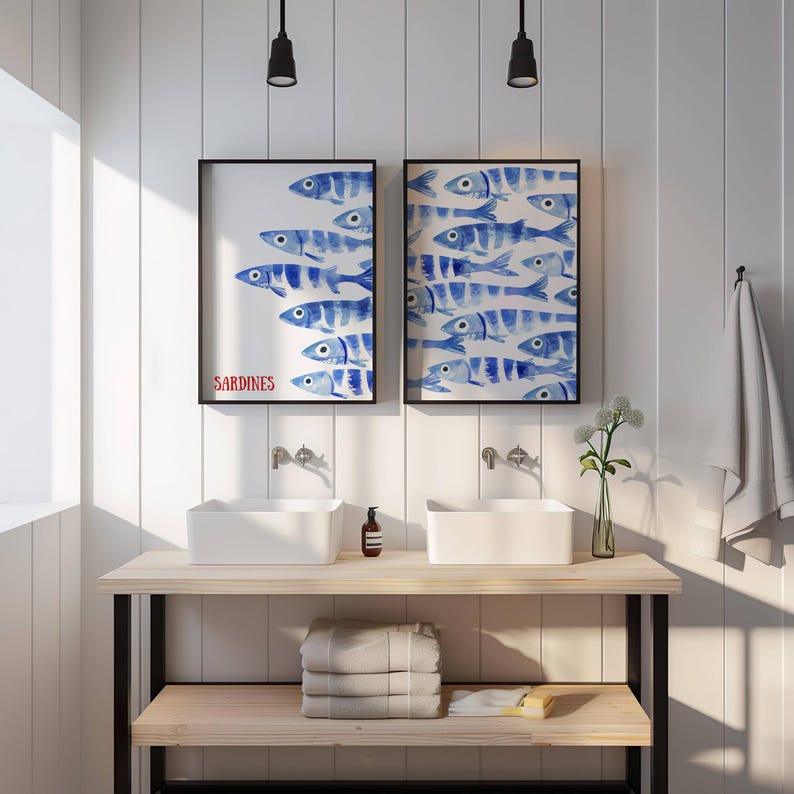 Sardines Print Set - Blue Watercolor Fish Print - Sardine Poster - Beach House Nautical Decor - Coastal Wall Art, Retro Mediterranean Poster, coastal wall art
nautical decor
beach house art
watercolor fish
ocean wall art
nautical print
beach decor
coastal decor
fish illustration
seaside art
sardines print
sardines set of 2
retro fish poster
mid century modern