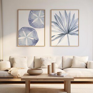 Coastal Wall Art Set of 2, Blue Ocean Watercolor Prints, Palm Leaf-Sand Dollar Print, Beachy Prints, Marine Life Poster, Nautical Artwork