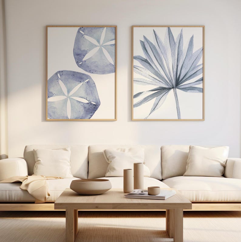 Coastal Wall Art Set of 2, Blue Ocean Watercolor Prints, Palm Leaf-Sand Dollar Print, Beachy Prints, Marine Life Poster, Nautical Artwork