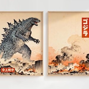 May include: Two framed prints depicting a Godzilla-themed scene. One shows Godzilla in a city, the other shows a city engulfed in flames. The prints have a vintage aesthetic with Japanese text.