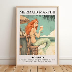 Póster de cóctel de martini de sirena / Bar de playa costero / Decoración de carrito de bar / Póster de receta de cóctel / Impresión de cóctel retro / Impresión playera divertida